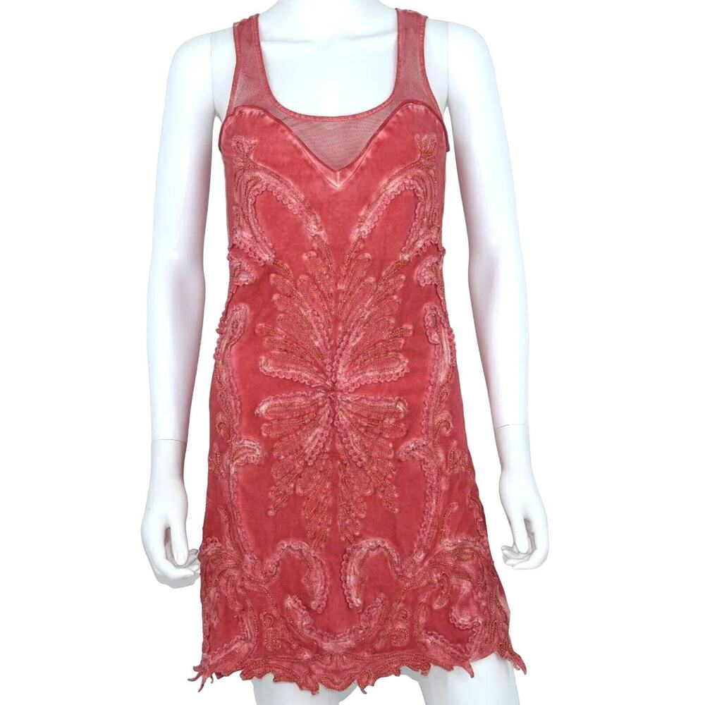 Free People Pink Mesh Beaded Boho Butterfly V‎ Neck Mini Dress Size Small